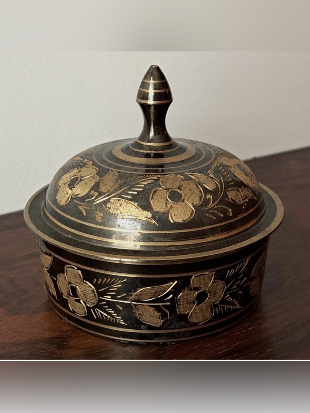 Vintage hand engraved solid brass bowl with lid- India